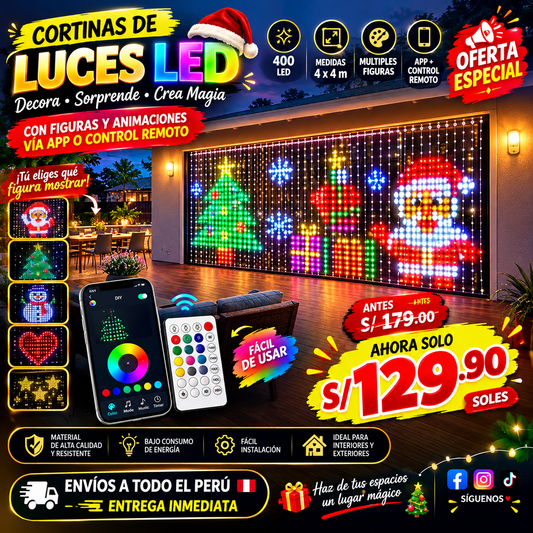 cortinas led smart  navidad  con 400 focos multicolores  multicolores  y multiples diseños